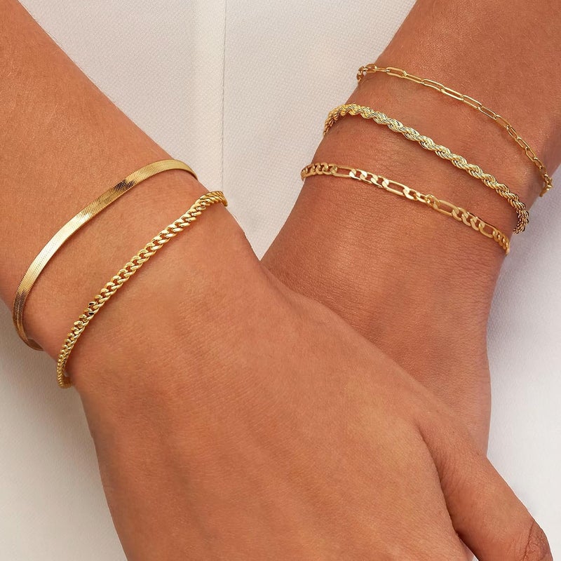 Krfy 5/6Pcs Gold Plated Bracelets for Women Trendy, S925 Plated Silver Bracelet Stack, Non Tarnish Waterproof Bracelets for Women, Paperclip Herringbone Figaro Cuban Twist Chains, Size 6.5''+2'' - Image 5
